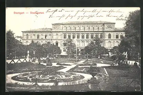 AK Stuttgart, Stadtgarten mit Statuen