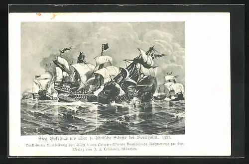 Künstler-AK Sieg Bokelmanns über 16 dänische Schiffe bei Bornholm 1455