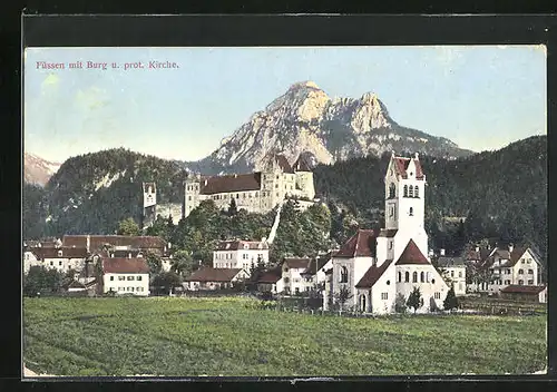 AK Füssen, Ort mit Burg und protestantischer Kirche