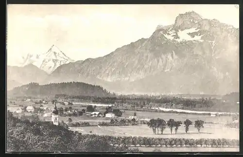 AK Aigen, Ortsansicht gegen Watzmann und Untersberg