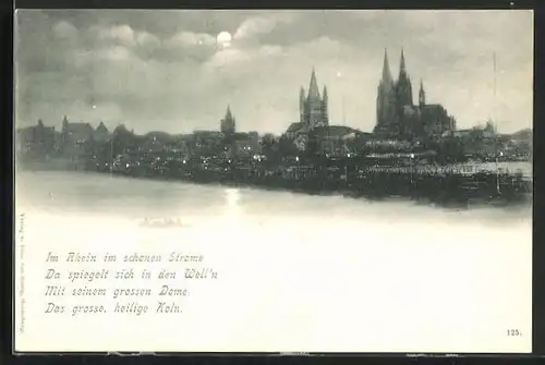 AK Köln, Rheinpartie mit Dom bei Mondschein