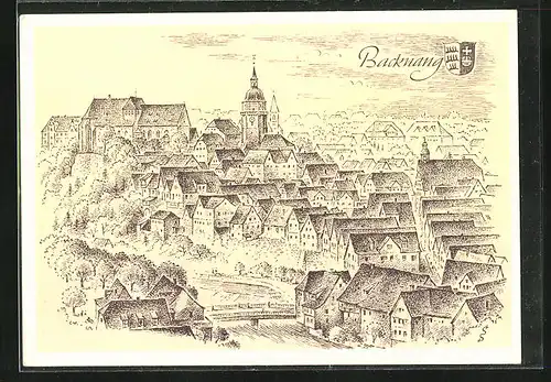 Künstler-AK Backnang, Blick über die Dächer der Stadt