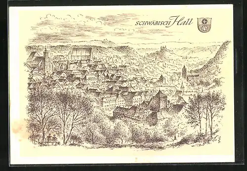 Künstler-AK Schwäbisch Hall, Panorama der Stadt