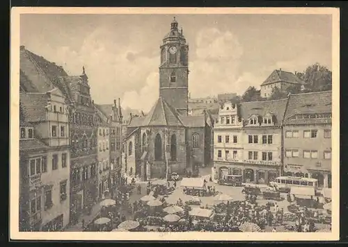 AK Meissen, Frauenkirche und Wochenmarkt am Hirschhaus