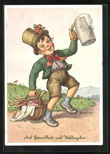 Künstler-AK sign. Fr. Bertram: Kleiner Bursche mit Bierkrug und Fleischkorb