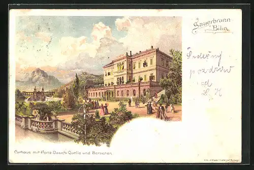 Lithographie Bilin / Bilina-Suaerbrunn, Kurhotel mit Franz Josef Quelle und Borschen