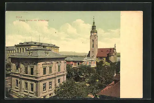 AK Dux / Duchcov, Evang. Kirche mit Villenviertel