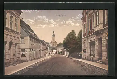 AK Schönlinde / Krasna Lipa, Kreibtizer Strasse mit Blick auf Kirche