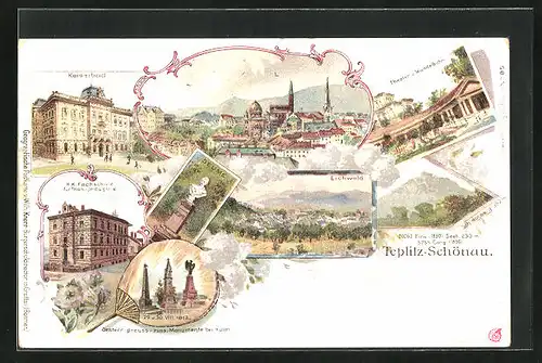 Lithographie Teplitz Schönau / Teplice, Fachschule für Thon- und Industrie, Theater u. Wandelbahn, Kaiserbad
