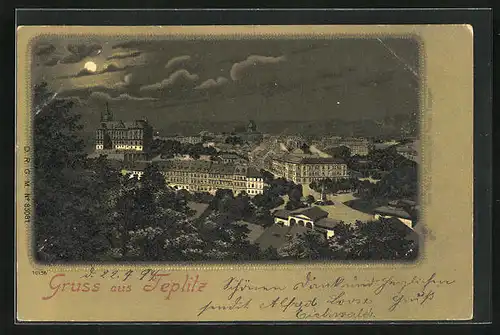 Mondschein-Lithographie Teplitz Schönau / Teplice, Ortsansicht bei Nacht
