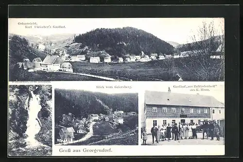 AK Georgendorf, Karl Fleischers Gasthof, Gasthof zur Zufriedenheit, Ortsansicht, Wasserfall