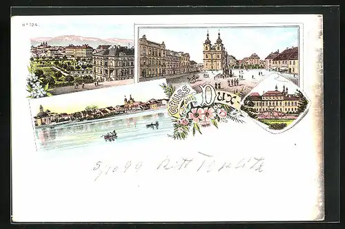 Lithographie Dux / Duchcov, Marktplatz, Gebäudeansicht, Seeansicht