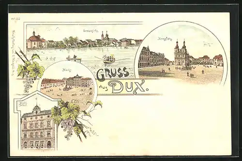 Lithographie Dux / Duchcov, Stadt Hôtel, Seeansicht, Ringplatz
