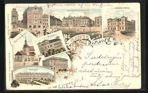 Lithographie Rumburg / Rumburk, Bahnhof, Kapuzinerkloster, Schützenhaus