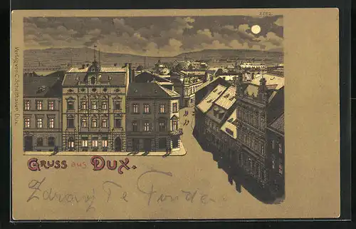 Lithographie Dux / Duchcov, Strassenpartie mit Gebäudeansicht bei Mondschein