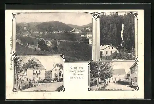 AK Georgendorf i. Böhmen, Schindlers Gasthaus, Gasthaus zur Zufriedenheit, Wasserfall