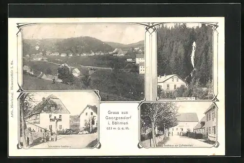 AK Georgendorf i. Böhmen, Schindlers Gasthaus, Gasthaus zur Zufriedenheit, Wasserfall