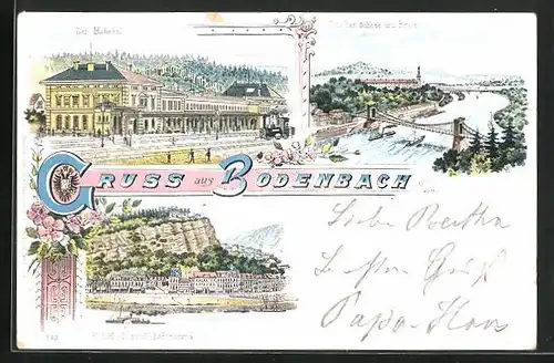 Lithographie Tetschen-Bodenbach / Decin, Bahnhof, Schloss Tetschen mit Brücke