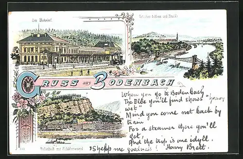Lithographie Tetschen-Bodenbach / Decin, Bahnhof, Schäferwand, Schloss Tetschen