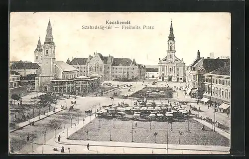 AK Kecskemét, Freiheitsplatz mit Kirchen