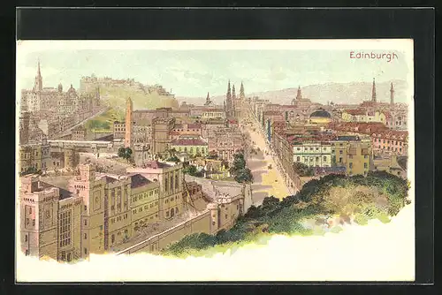 Lithographie Edinburgh, Ortsansicht mit Kirchen