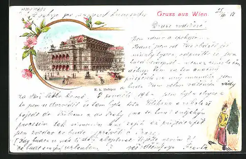 Lithographie Wien, Oper, Strassenbahn und Passanten