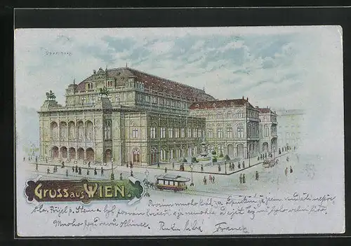 Lithographie Wien, Opernhaus mit Strassenbahn