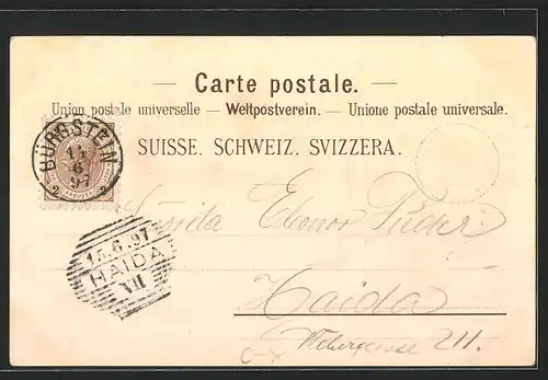 Lithographie Zürich, Teilansicht mit Brücke, Gebäudeansicht