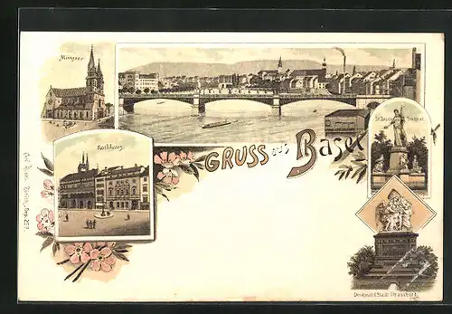Lithographie Basel, Münster, RAthaus, St. Jacobs-Denkmal
