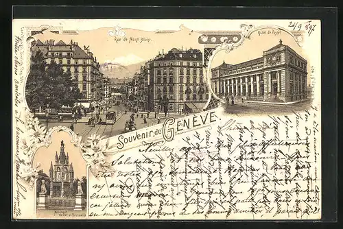 Lithographie Genève, Hotel de Poste, Rue de Mont Blanc, Monument du Duc de Brunswick