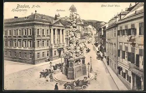 AK Baden, Hotel Stadt Wien, Hauptplatz, Rathaus