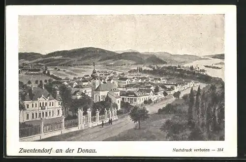 Lithographie Zwentendorf /Donau, Ortsansicht mit Strasse