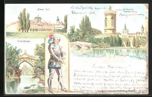 Lithographie Laxenburg, Blauer Hof, Hohe Brücke, Franzensburg