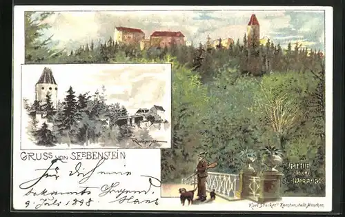 Künstler-AK Seebenstein, Partie aus dem Schlosspark, Jäger mit Hunden