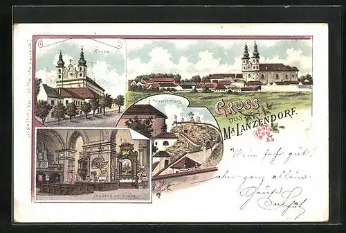 Lithographie Ma-Lanzendorf, Kirche, Kavarienberg, Ortsansicht