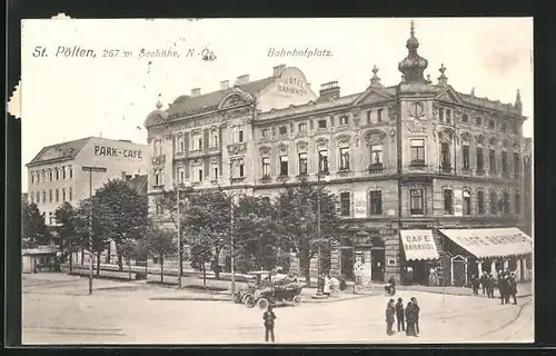 AK Pölten, Banhofplatz mit Hotel und Cafe Bahnhof, Park Cafe