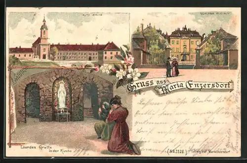 Lithographie Maria Enzersdorf, Lourdes Grotte in der Kirche, Schloss Hunyady, alte Kirche