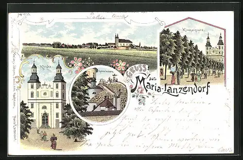 Lithographie Maria-Lanzendorf, Kirchplatz, Kirche, Calvarienberg