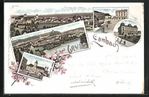 Lithographie Lambach, Sparkasse, Marktplatz, Portal d. Benediktiner Stiftes