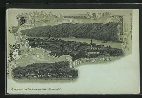 Mondschein-Lithographie Engelhartszell /Donau, Ortsansicht