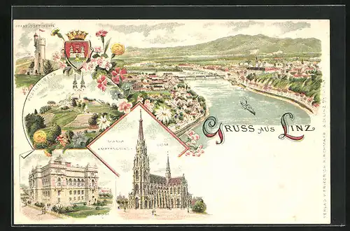 Lithographie Linz, Maria-Empfängniss-Dom, Franz-Josef-Warte, Postlingberg