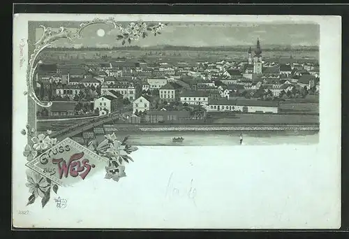 Mondschein-Lithographie Wels, Ortsansicht bei Nacht