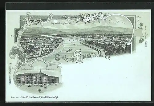 Mondschein-Lithographie Linz /Donau, Kaufmännisches Vereinshaus, Ortsansicht