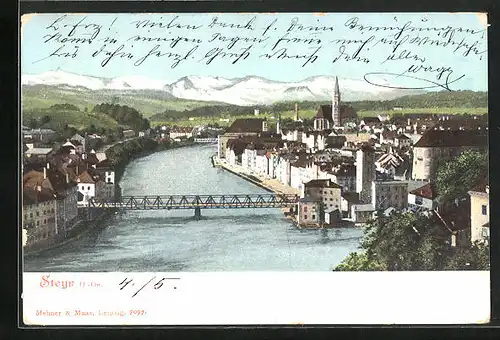 AK Steyr, Ortsansicht mit Brücke und Fluss