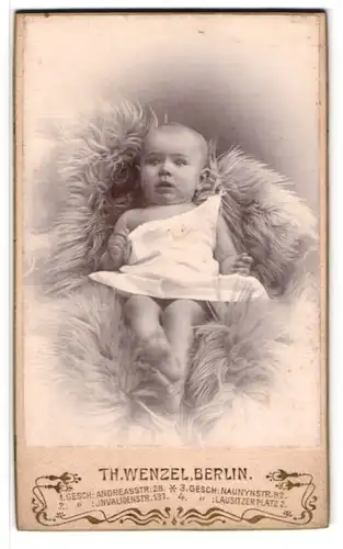 Fotografie Th. Wenzel, Berlin, Andreasstr, 28, Portrait Kleinkind im weissen Leibchen liegt auf einem Fell