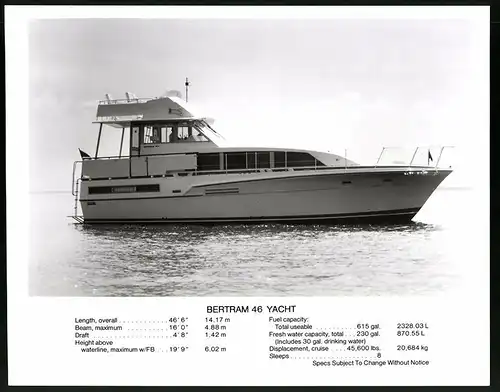 Fotografie Yacht Bertram 46, Motorboot - Jacht mit technischen Daten, Grossformat 25 x 20cm