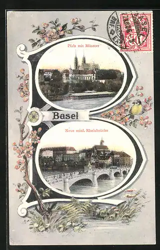 AK Basel, Pfalz mit Münster, neue mittlere Rheinbrücke