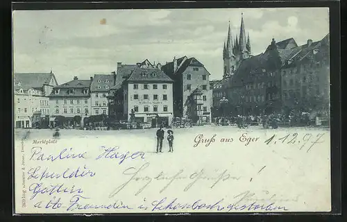 Mondschein-AK Eger, Marktplatz mit Geschäft Wilhelm Müller