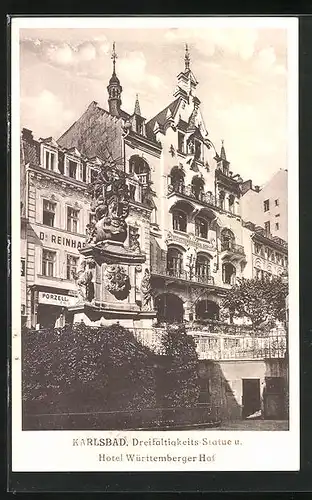 AK Karlsbad, Hotel Württemberger Hof und Dreifaltigkeits-Statue