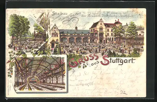 Lithographie Stuttgart, Gasthaus Brauerei Dinkelacker, Saalbau und Garten